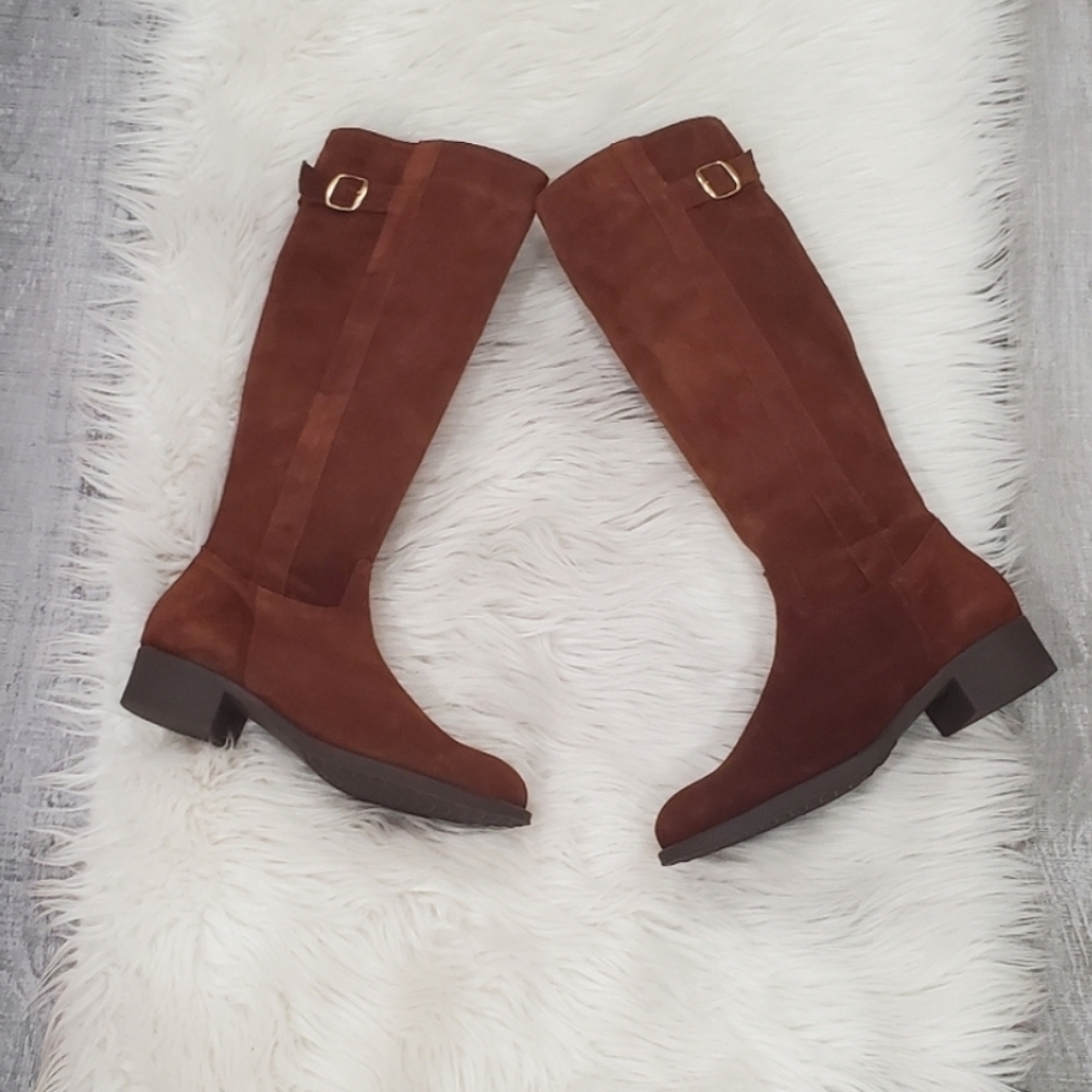 HELENE ROUGE Camel Brown  leather suede buckle knee high  rider boots new